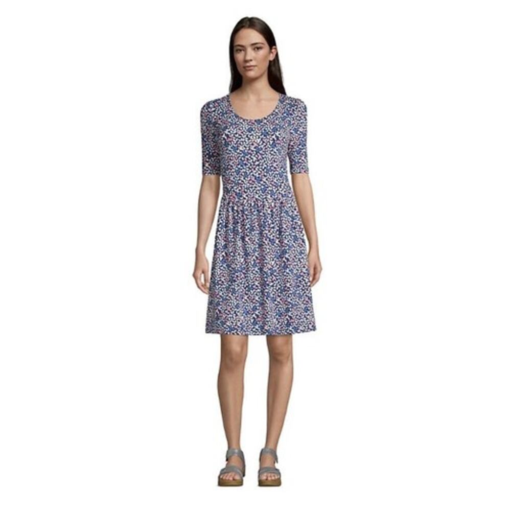 Lands' End Womens Elbow Sleeve A-Line Scoop Neck Dress Multi Floral Print Size L